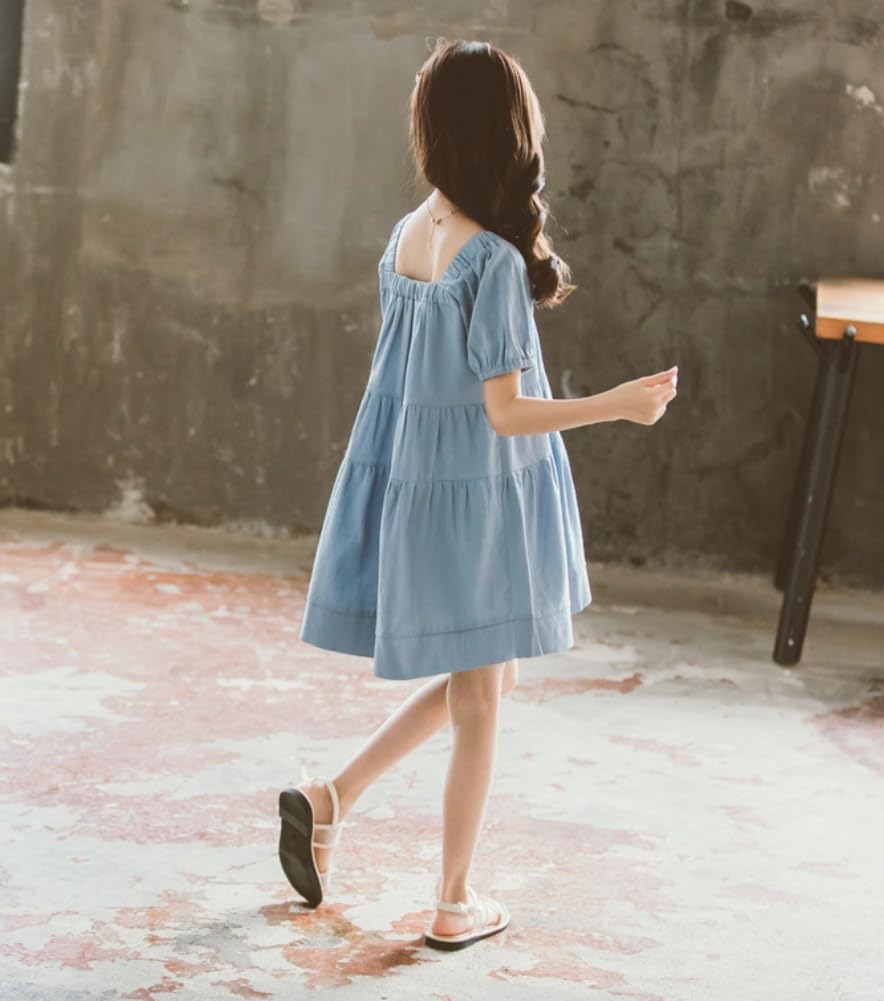 Beveaya Summer Short Sleeve Flared Loose Summer Solid Perfect for Everyday Size 130 Girls' Dress, A-Line, Fit, Ribbon, Kids' Dress, Cute, Color, Wear,