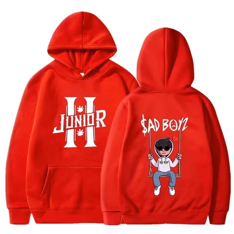 Interesting boy swinging logo printed hoodie
