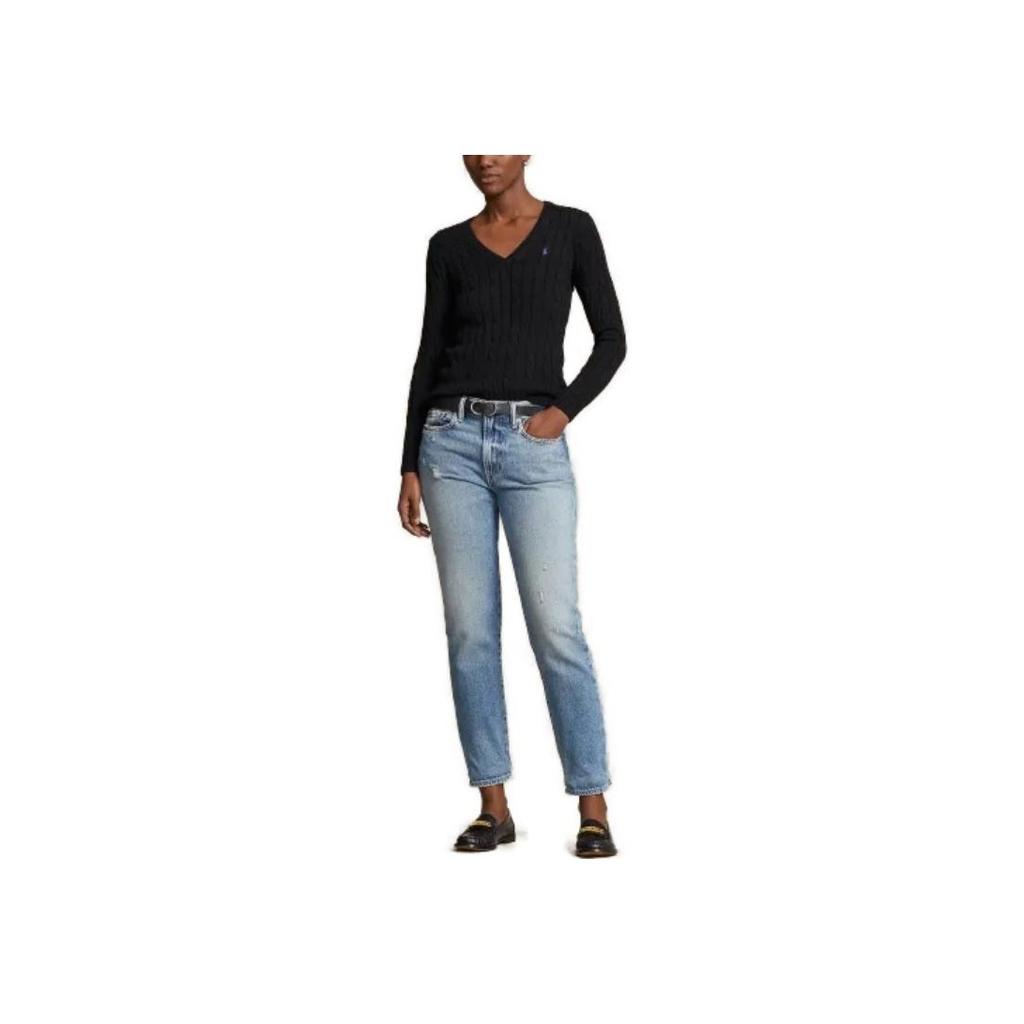 Polo Ralph Lauren SS23 Solid Logo Embroidered V-Neck Knit Sweater Women sweater Black WMPOSWENC020652-001