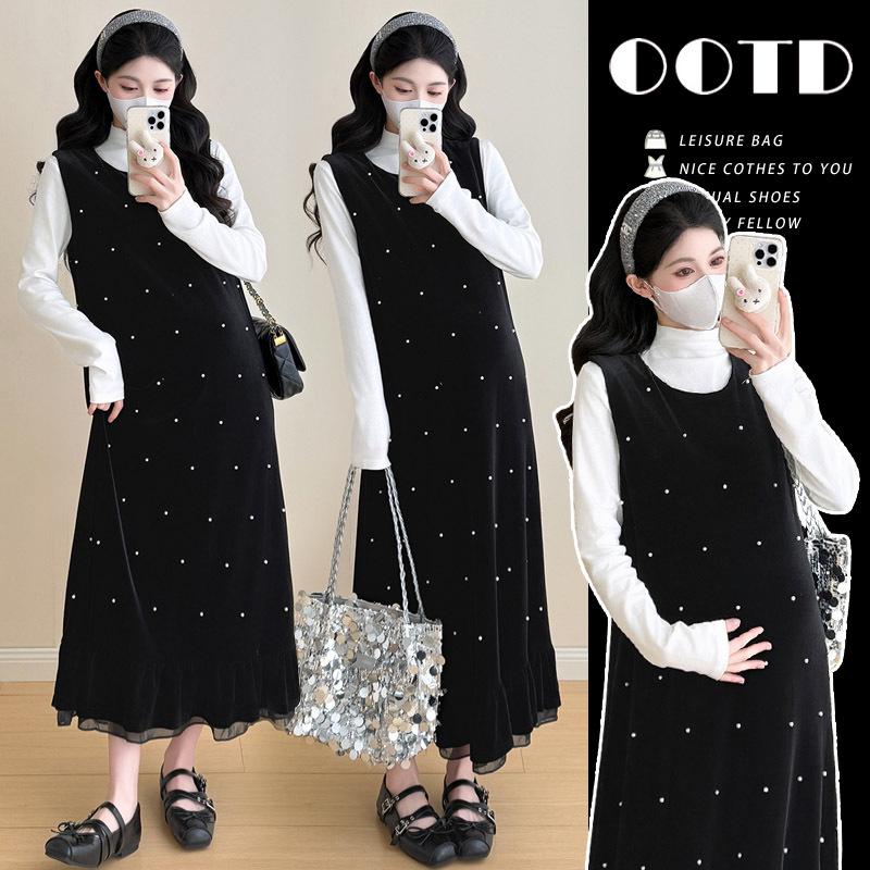 Spring Elegant Beaded Maternity Velvet Dress with Half-High Collar 2XL (140-160 jin)