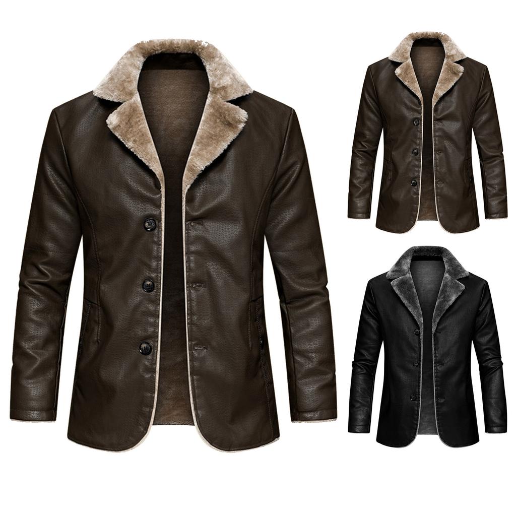 Men's Leather Business Jacket With Plush Velvet And Large Lapel Suit Leather Jacket