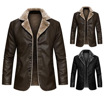 Veste d'affaires en cuir pour homme avec velours moelleux et revers large, veste en cuir de costume