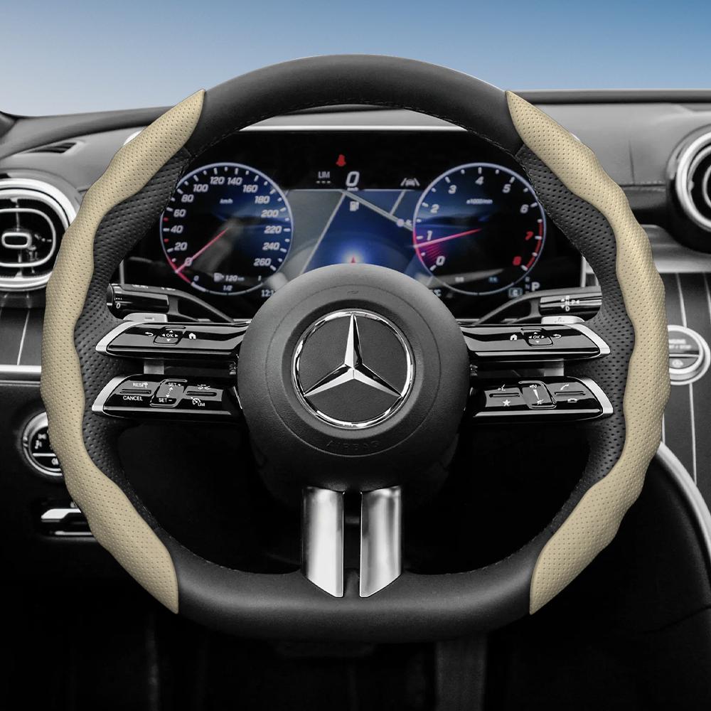 Steering Wheel Cover for Mercedes-Benz, Wave-Shaped Sporty Design, Breathable Leather, Segmented, Non-Slip, Sweat-Absorbing Protective Case