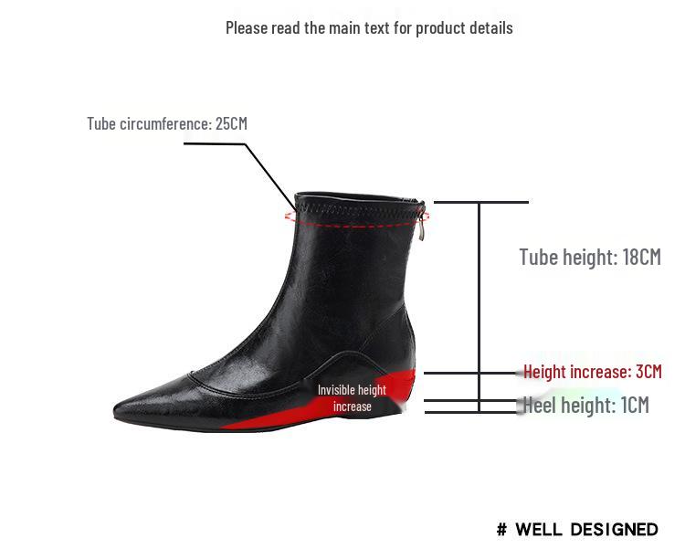 French Stretch Slimming Boots: Autumn/Winter Fleece-lined, Retro Style, Soft Leather, Inner Height Increase, Back Zipper Short Boots