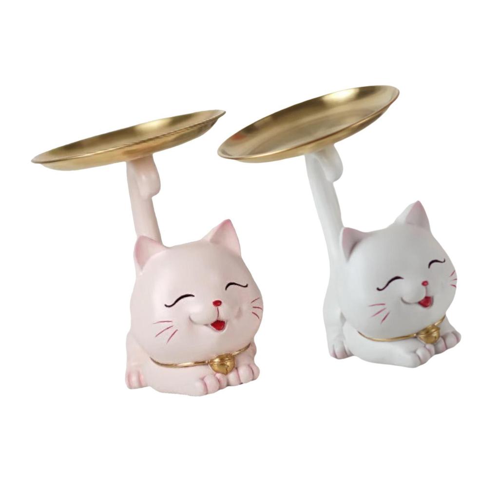 Cartoon Cat Statue with Tray Art Crafts Fine Workmanship Collecting Table Ornament for Bedroom Shelf Entrance Living Room Porch