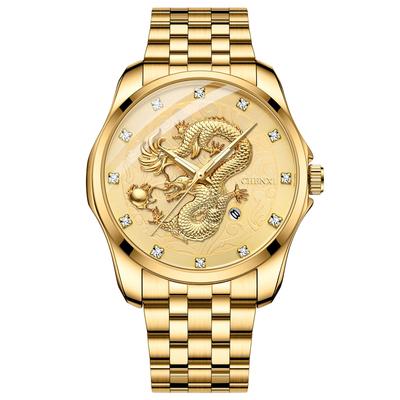 Men's Stainless Steel Dragon Watch In Gold: Luminous Analogue Watch with Calendar, Dragon Design, Antique Quartz Movement, 3ATM Water Resistance,