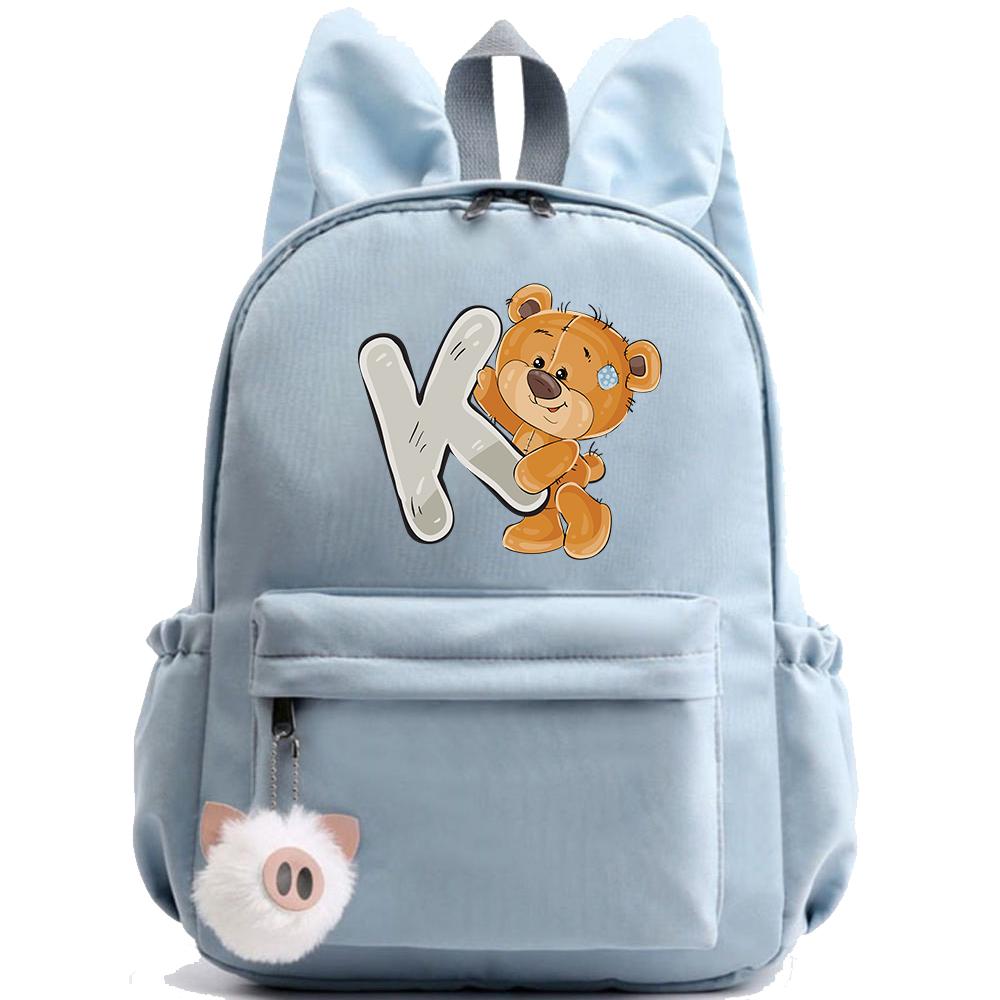 Little Bear 26 English Letters Backpack Printed School Bag for Teenager Kid Boy Girl Student Cartoon Bookbag Outdoor Rucksack