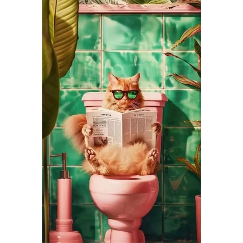 Funny Cat On Toilet Wall Art Cat Reading Newspaper Canvas Posters Print Picture for Home Bathroom Living Room Decor No Frame
