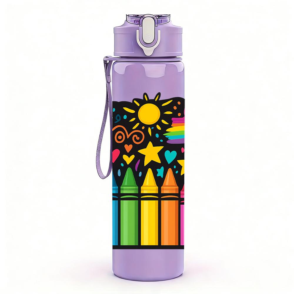 1PC Color Crayon Box Layout 750ml Color Plastic Sports Water Bottle Leakproof Flip Straw Lid For Sports Office Home Use