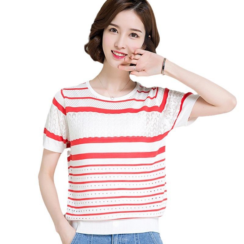 Summer Women's Ice Silk Striped Short Sleeved T-shirt Loose Base Shirt Knitted Versatile Sun Protection Top