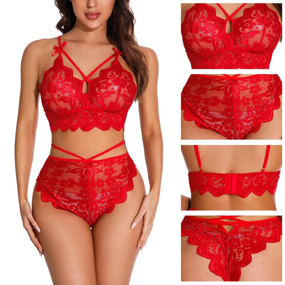 Frauen Dessous Set Spitze Bh Höschen Set Tiefem V-ausschnitt Floral Spitze Bh + G-String Anzug Zwei Stücke Criss-cross bh und Tangas Sets