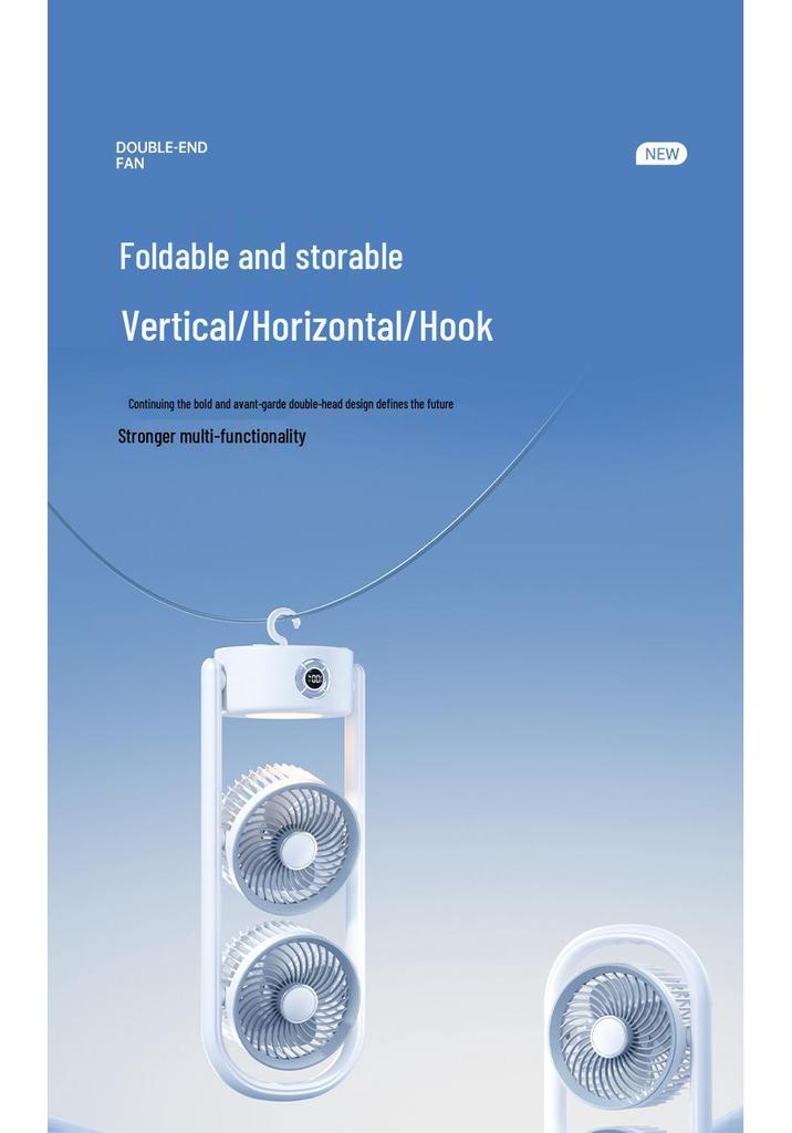 Desktop Dual Head Folding Fan with LED LCD Display & Hook - Portable Ceiling Fan with Night Light