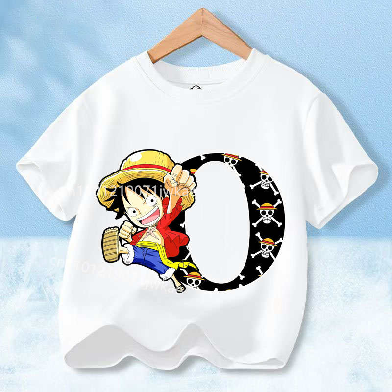2026 New One Piece Letter A-Z Anime Luffy Gear  Cartoon Graphic Cotton T-shirt for Children Summer Sports Tees Casual Kids Tops