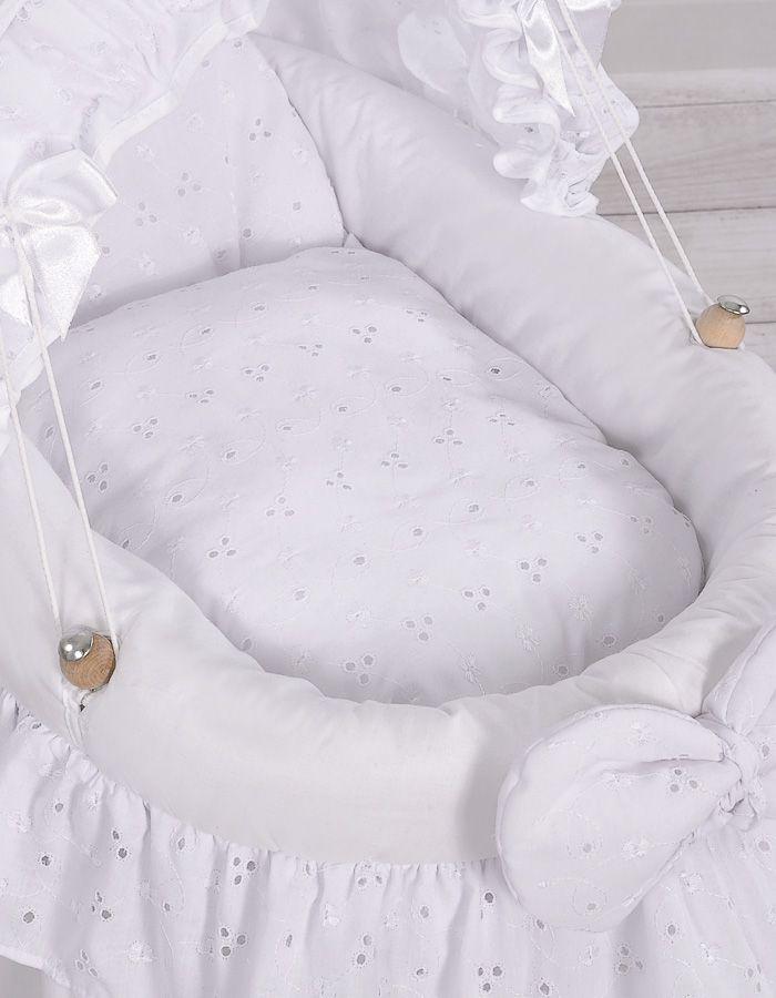 Doll's Pram - Moses Basket for Dolls with Hood - White with Embroidered Lace
