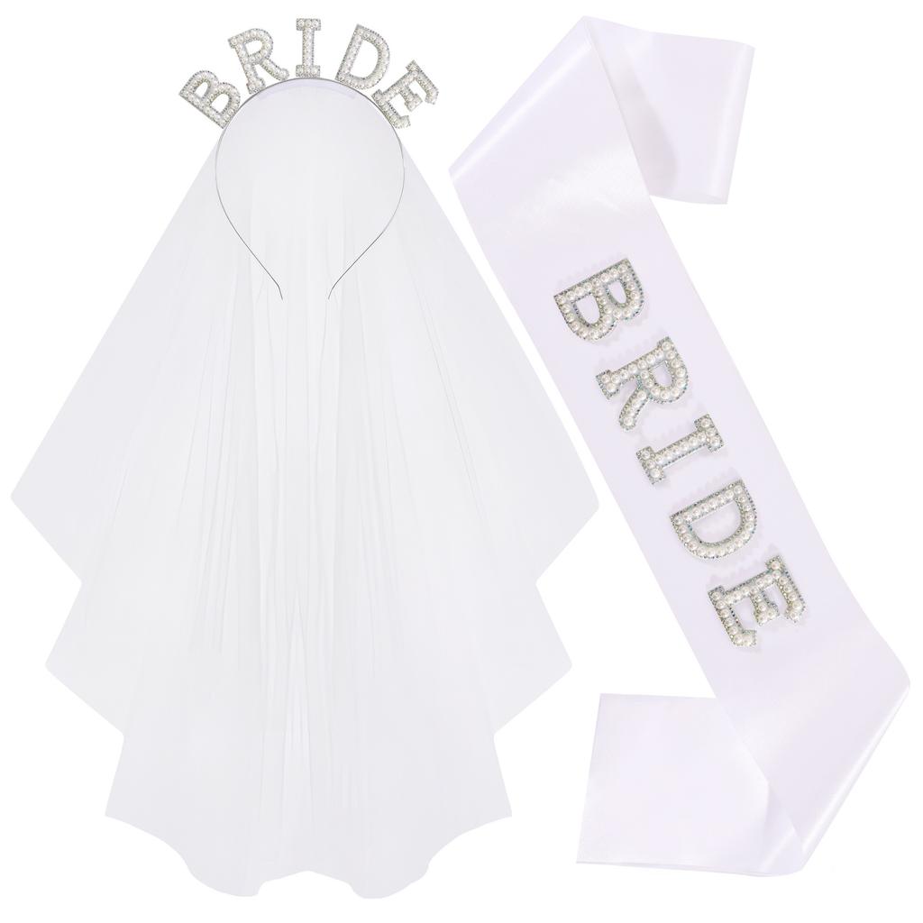Bride-To-Be Pearl Headband Veil Shoulder Strap 2-Piece Bride Single Pie Headband Wedding Essential Dress