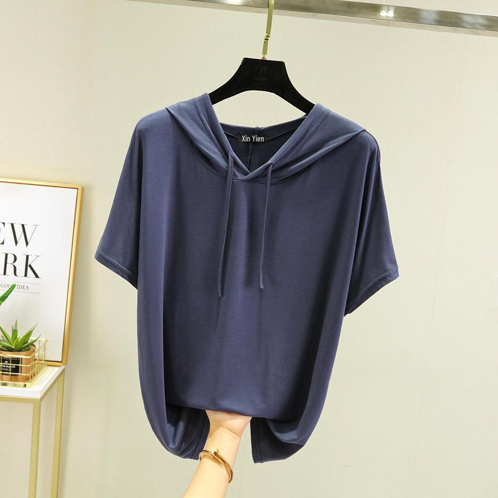 T-shirt à capuche manches courtes en modal pour femme Printemps/Été - Haut de base léger coupe ample