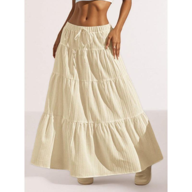 2025 Summer Fashion Lace-up Big Swing Skirt Loose Elegant Casual Simple A-line Ruffled Party Long Skirts Sweet Simple Party Office Clothing