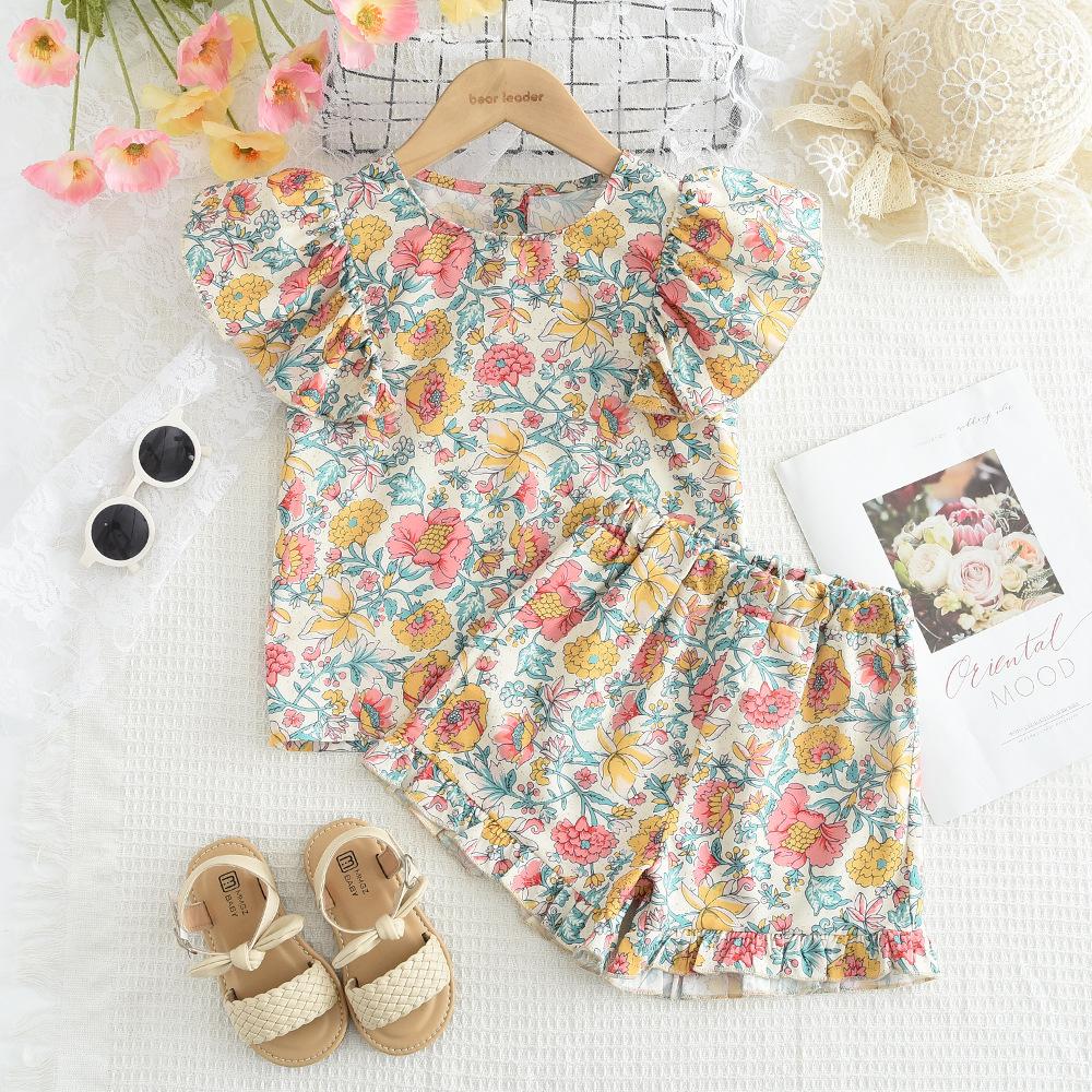 Girls Summer Floral Flutter Sleeve Babydoll Top And Shorts Set 2-7Y Toddler Printed Vacation Casual Outfit Two Piece 90cm жёлтый