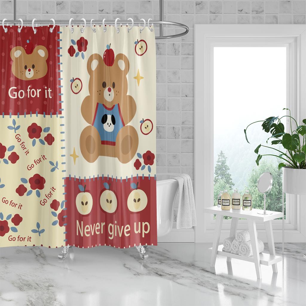 1Pc Cute Bear Printed Waterproof Shower Bathe Partition Privacy Hanging Curtain With 12 Hooks Multiple Size  Machine Washable