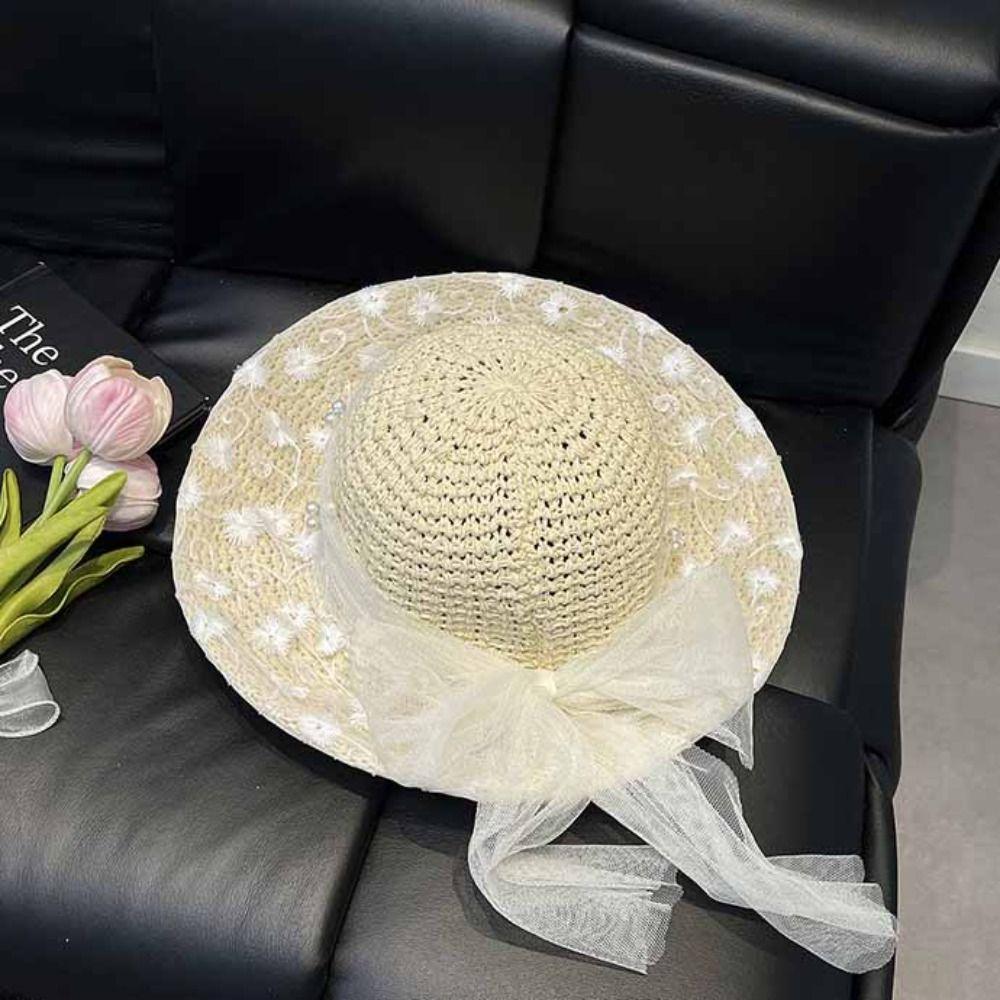 with Lace Ribbon Flower Beach Bag Hollow Out Hollow Shoulder Bag Solid Color Woven Bag  Streetwear