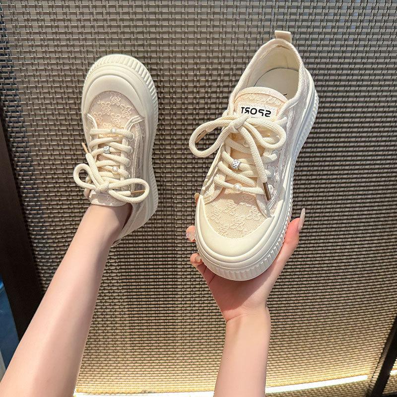 Popular Versatile Thick-soled Lace Thin Casual Board Shoes Women's 2025 New Summer Net Shoes Breathable Little White Shoes Women