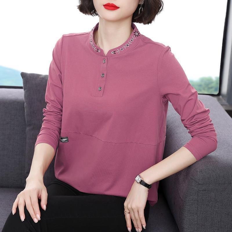 Elegant Women Long Sleeve T Shirt Loose Fit Outerwear Middle Age Mom Casual Top Base Layer Shirt