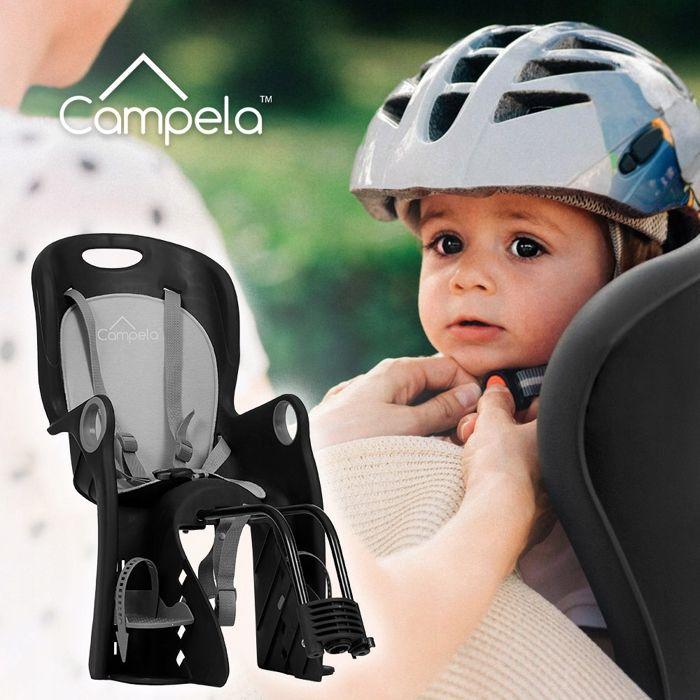 Siège vélo arrière enfant 22 kg, insert doux, fixation cadre ou porte-bagages - Campela (CA0060GRY)