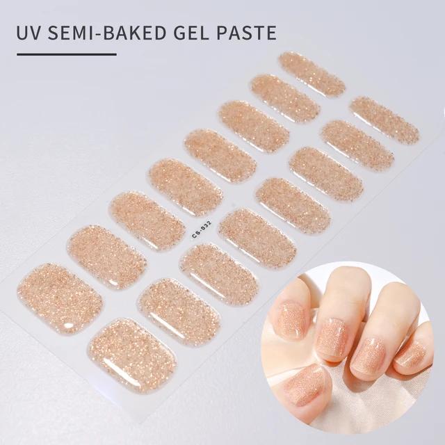 16Tips UV Semi-Cured Gel Nail Art Stickers Combo Pack Glitter High-Gloss Water-Proof Polish Wraps Full Cover Manicure Nails