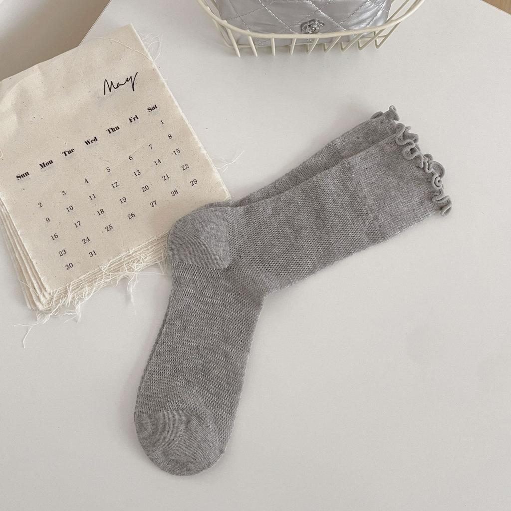 Solid Color Piled Socks With Fungus Edge, Versatile, Simple And Comfortable Mid-Leg Socks, Breathable And Thin Summer Stockings