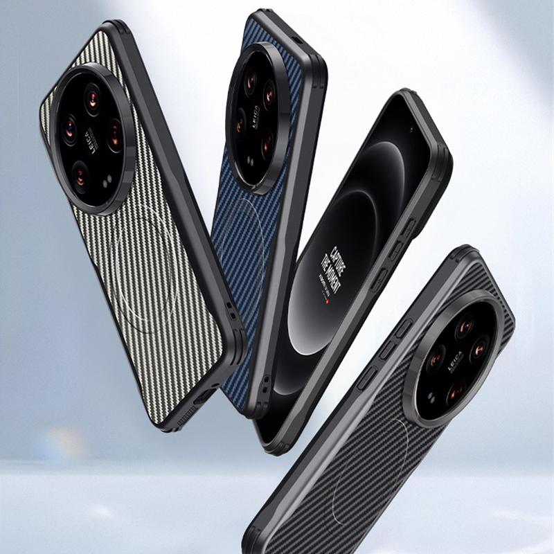 Stoßfänger Handyhülle aus Kohlefaser für Xiaomi 14 Ultra für Magsafe Magsafing Hülle für Xiaomi 14 Pro Kabelloses Laden Magnetische Handyhülle für Mi 14 Pro