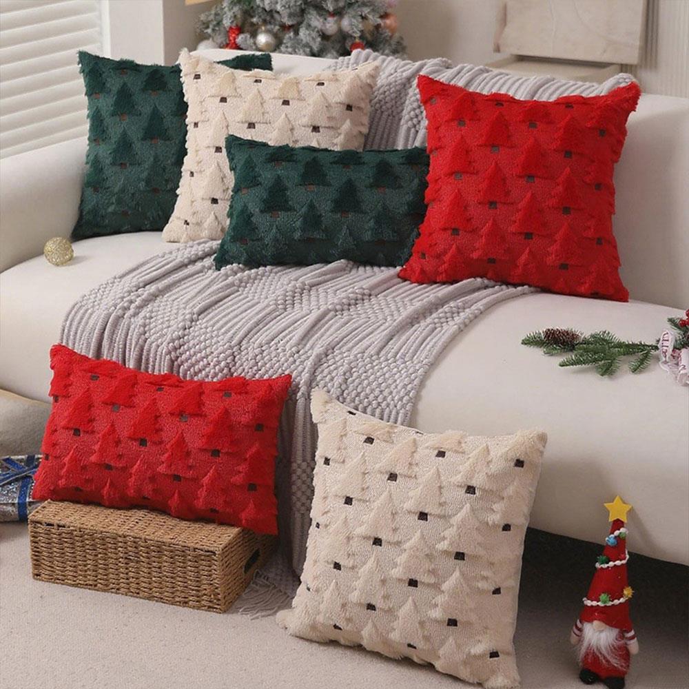 Christmas Pillow Covers Soft Plush Christmas Tree Throw Pillow Cover Winter 3D Soft Jacquard Cushion Cover 45x45CM Decorations