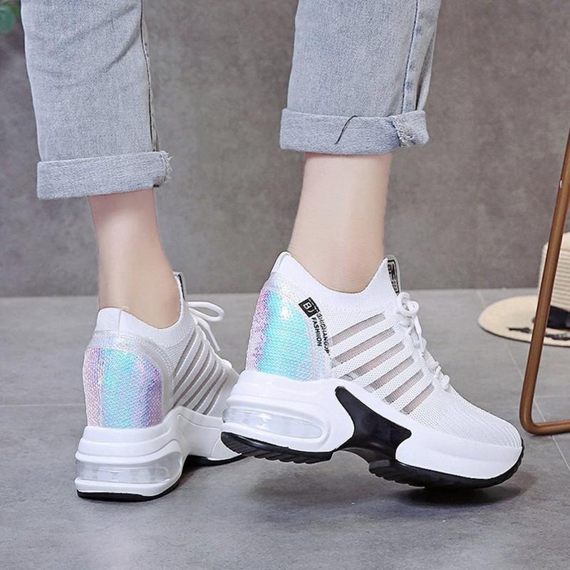 2025 New Women's Mesh Invisible Heightening Women's Wedge Heel Lace-up Sneakers Fashion Color Matching Women's Shoes