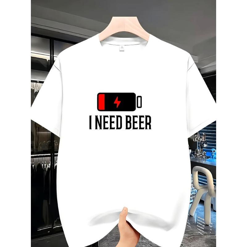 European Size Men's Funny "I NEED BEER" Battery Graphic T-Shirt - Black Casual Summer Tee with Red Power Icon-Lightweight cotton Shirt for Beer Lovers