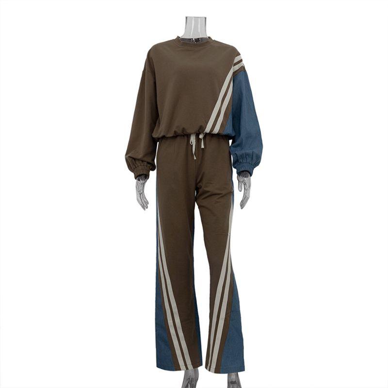 

American Sports Style Contrast Color Stripe Hoodie Set Pullover Top Drawstring Trousers Two-piece Set Brown L