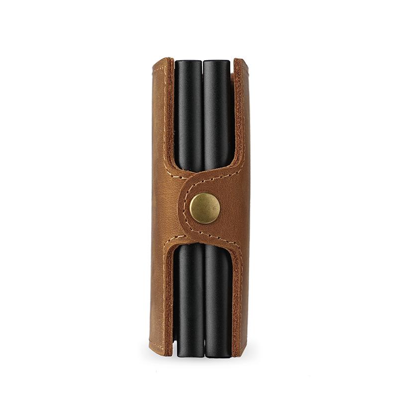 Vintage 2025 Men's Double-Layer Crazy Horse Leather Card Holder with Push-Button Pop-Up and Aluminum Clip