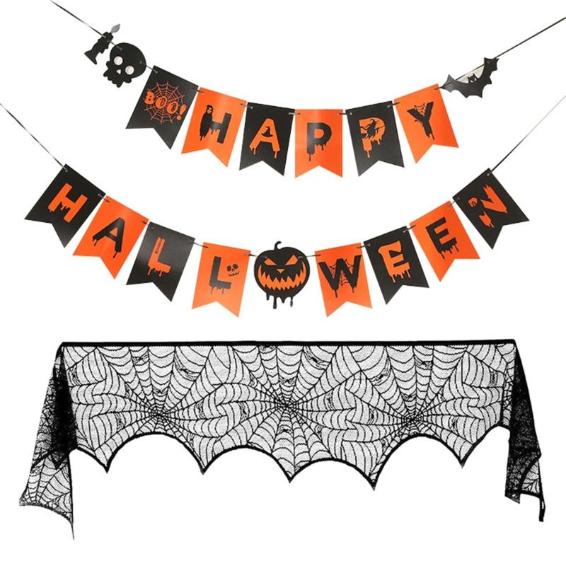 Lace Table Runner Spiderweb Mantel Scarf Cover for Holiday Party Decoration, Black Spiderweb Mantel Scarf