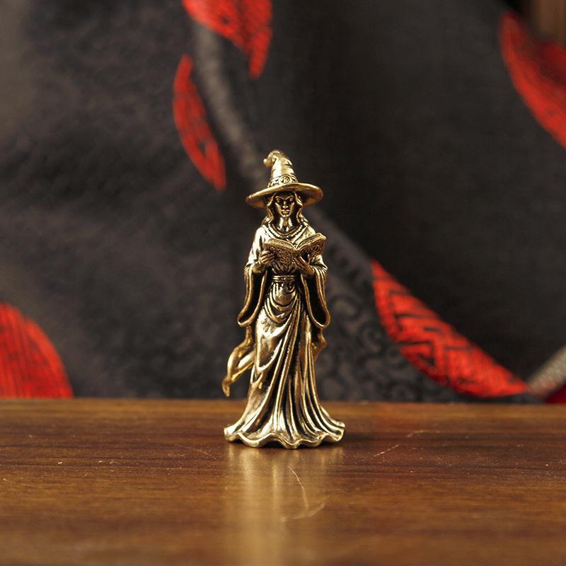 Retro Brass Magic Witch Mini Figurine Handcrafted Desktop Ornament Cute Home Decor for Living Room Bedroom Witchy Gift