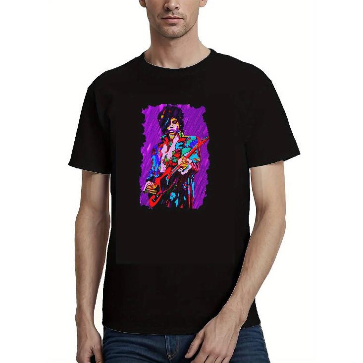 Men   & Women   Prince Printed Sleeve T-Shirt - Iconic Print, Round Neck Casual Tee, Medium-Stretch Fabric, Machine Washable, Unisex Adult Casual S чёрный