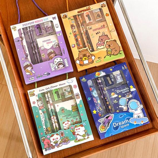 6Pcs Cute Stationery Set Portable Gift Box Kawaii Eraser Pencil Sharpener