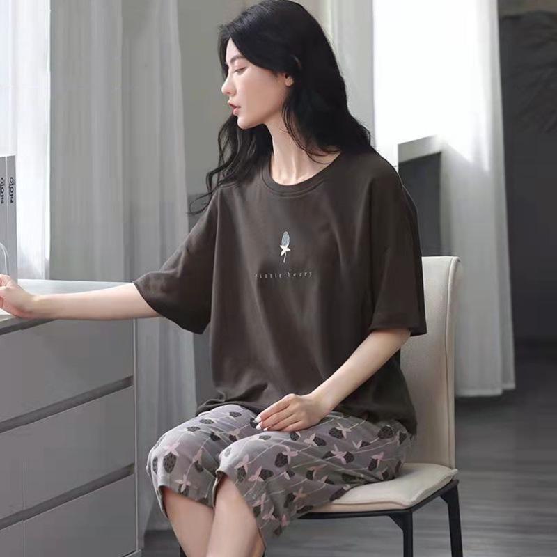 Korean Style Women's Summer Pajama Set – Imitation Cotton, Short Sleeve, Capri Pants, Thin, Cute, Plus Size