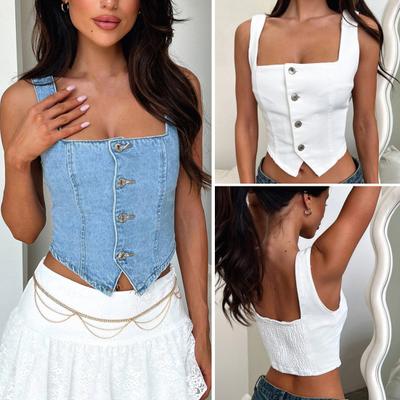 Damen Jeansweste mit quadratischem Kragen, ärmellos, dreidimensionaler Schnitt, einfarbig, einreihig, Tanktops