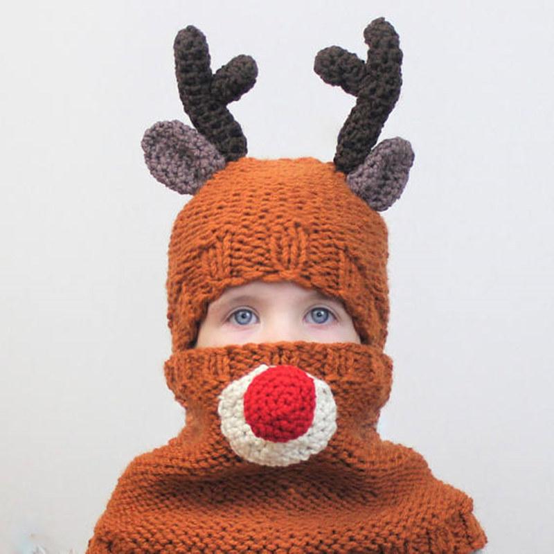 Hat Winter Children's Hat Scarf Two-piece Set Antlers Bear Boys and Girls Wool Neck Hat