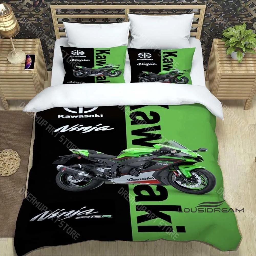 Set Biancheria da Letto Stampa Retro 3D Logo Moto K-Kawasaki Set Biancheria da Letto Elegante Copripiumino Coperta Trapuntata Letto Regalo di Compleanno di Lusso