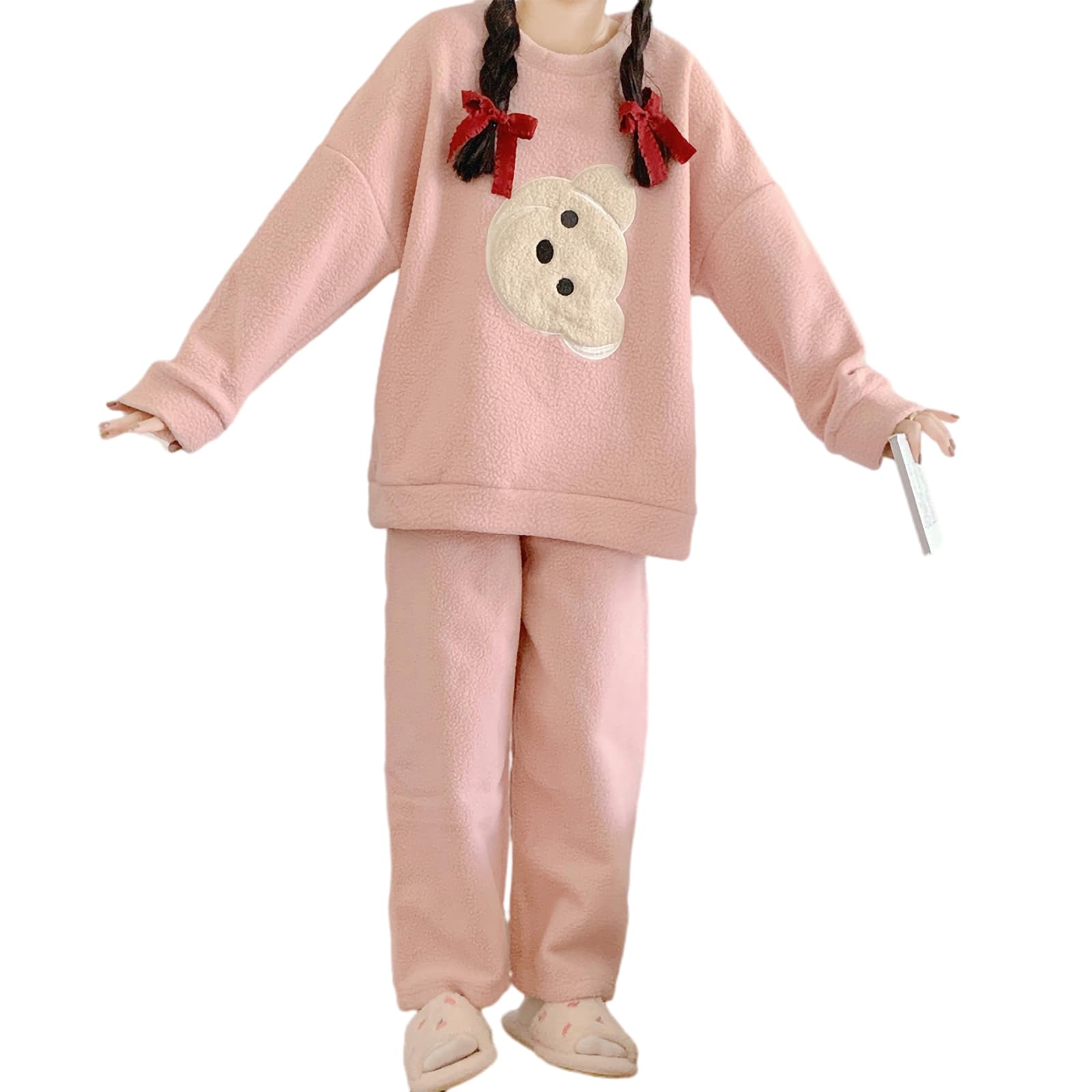 

Tiernyueth Fluffy Loungewear Long Round Tapered Pullover Warm Soft and Fluffy Loungewear for Fall and Cute Bear Design Women s Set, Sleeves, Neck,