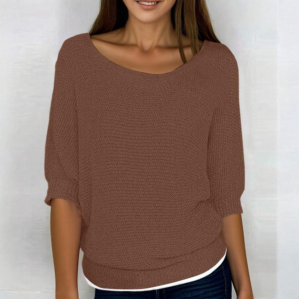 Women's Fashion Solid Color Round Neck 3/4 Sleeve Pullover Knitted Shirt Top
