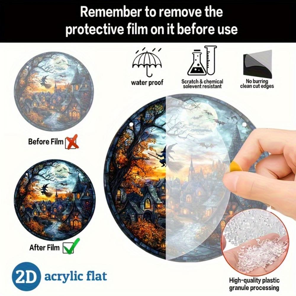 2D Flat Acrylic Halloween Village Decoration - Witch Riding Broom, Full Moon, Suitable for Windows, Walls, Porches, Classrooms, Home Garden Decoration