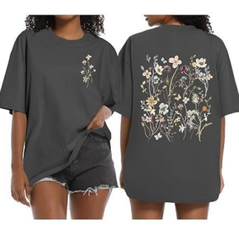 Women's Spring/Summer Fresh Print Short-Sleeve Top Breathable Loose-Fit Pullover T-Shirt