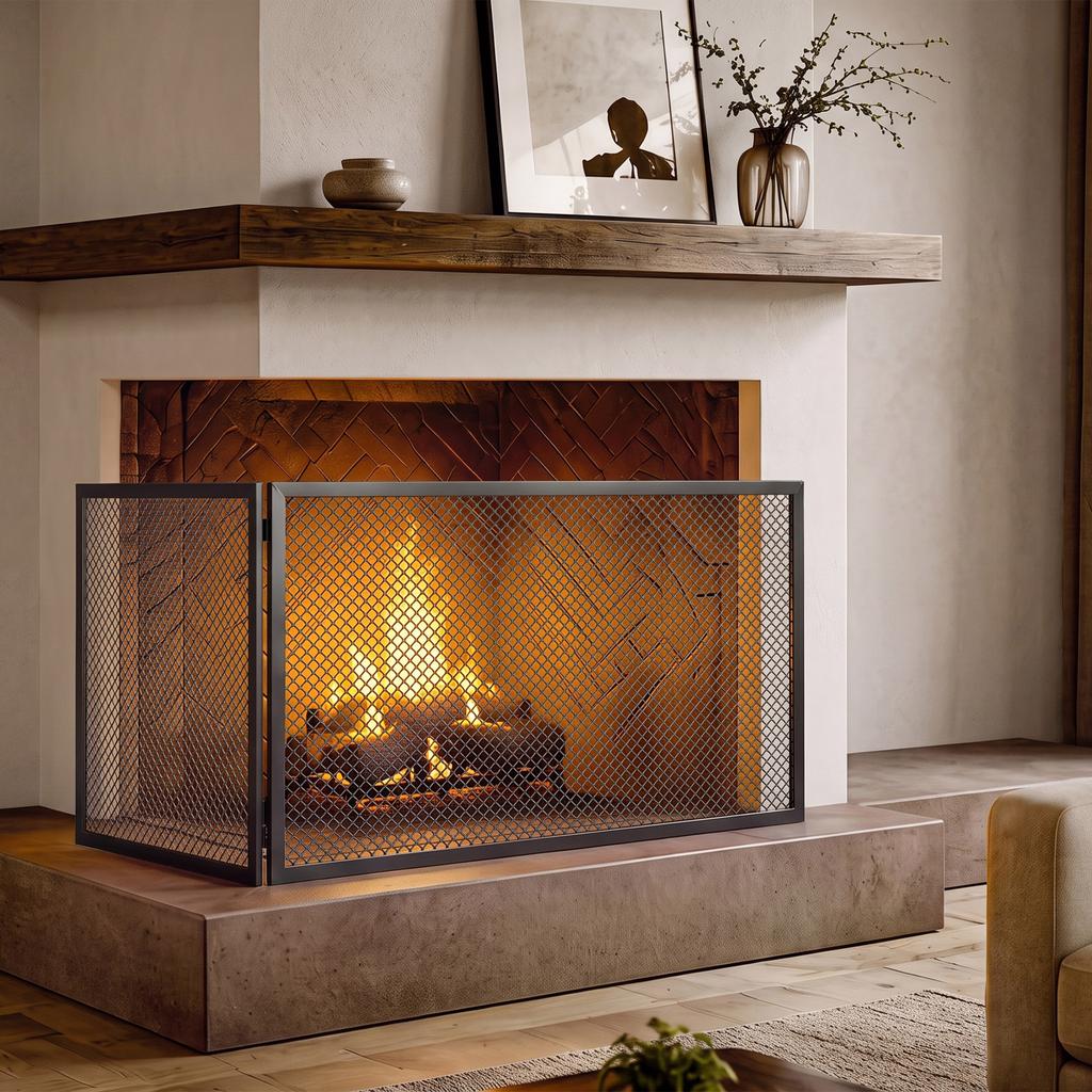 Fireplace Screen, Foldable Spark Guard Made of Metal, 141 X 50 Cm