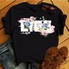 Fashion Women T Shirt Flower Printed T Shirt Casual Black Tops 90s Ladies Girl Tee Shirt Female Harajuku Graphic T -Shirt