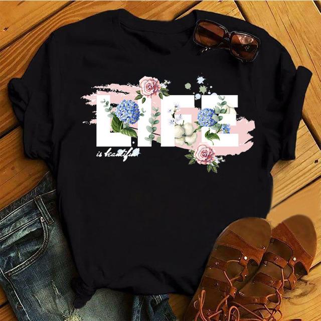 Fashion Women T Shirt Flower Printed T Shirt Casual Black Tops 90s Ladies Girl Tee Shirt Female Harajuku Graphic T -Shirt